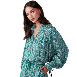 Omika Women Boho Peasant Blouse Sierra Green Floral Tassel Oversized Medium